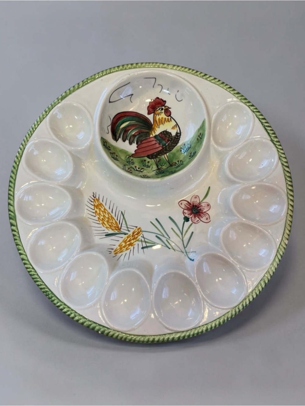 Vintage Rooster Ceramic Egg Serving Platter in White and Green